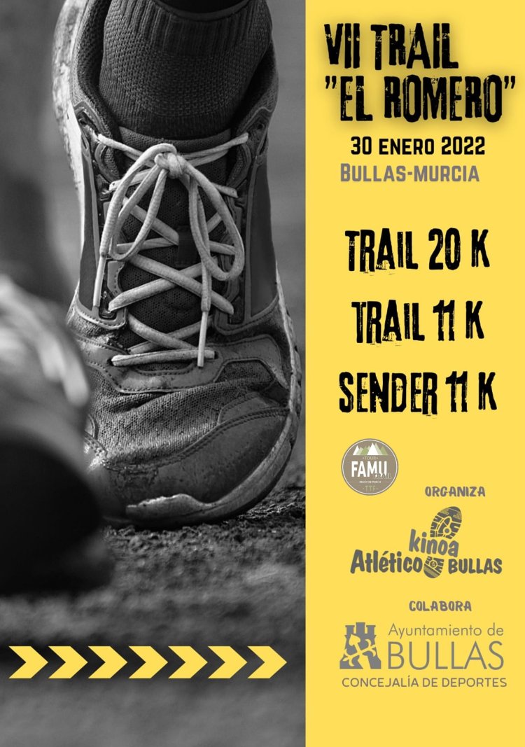 El Club Atlético Kinoa en colaboración con el Ayuntamiento de Bullas, organiza el VII Trail del Romero, 2ª prueba del circuito de trail de la Región de Murcia, desde las 9:00h. con salida y meta en la Calle Hospital