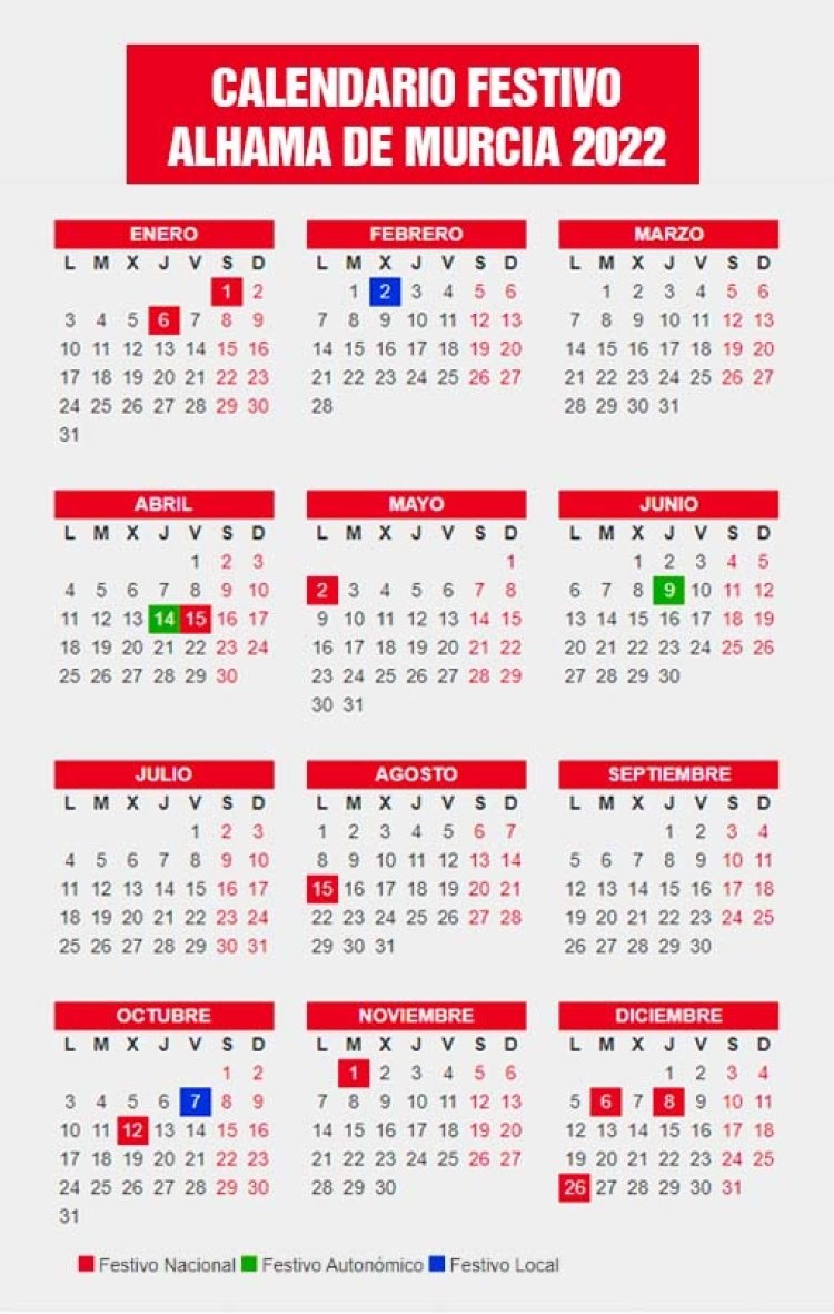 Calendario festivo para 2022 en Alhama de Murcia