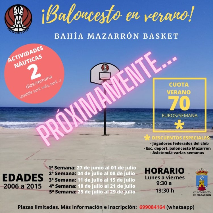 El Club de Baloncesto Bahía de Mazarrón Basket propone su escuela de verano "Baloncesto en verano" combina baloncesto con diferentes actividades náuticas