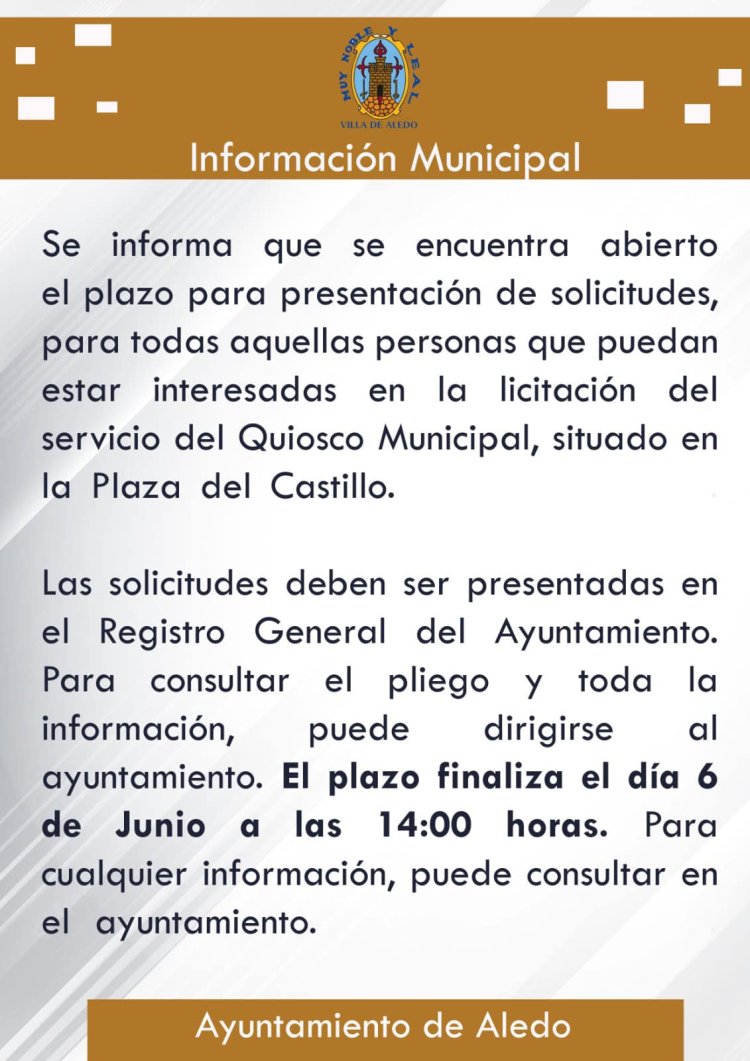 ALEDO: Se encuentra abierto el trámite del expediente para el Quiosco municipal, hasta el 6 de junio. + Info en el ayuntamiento.
