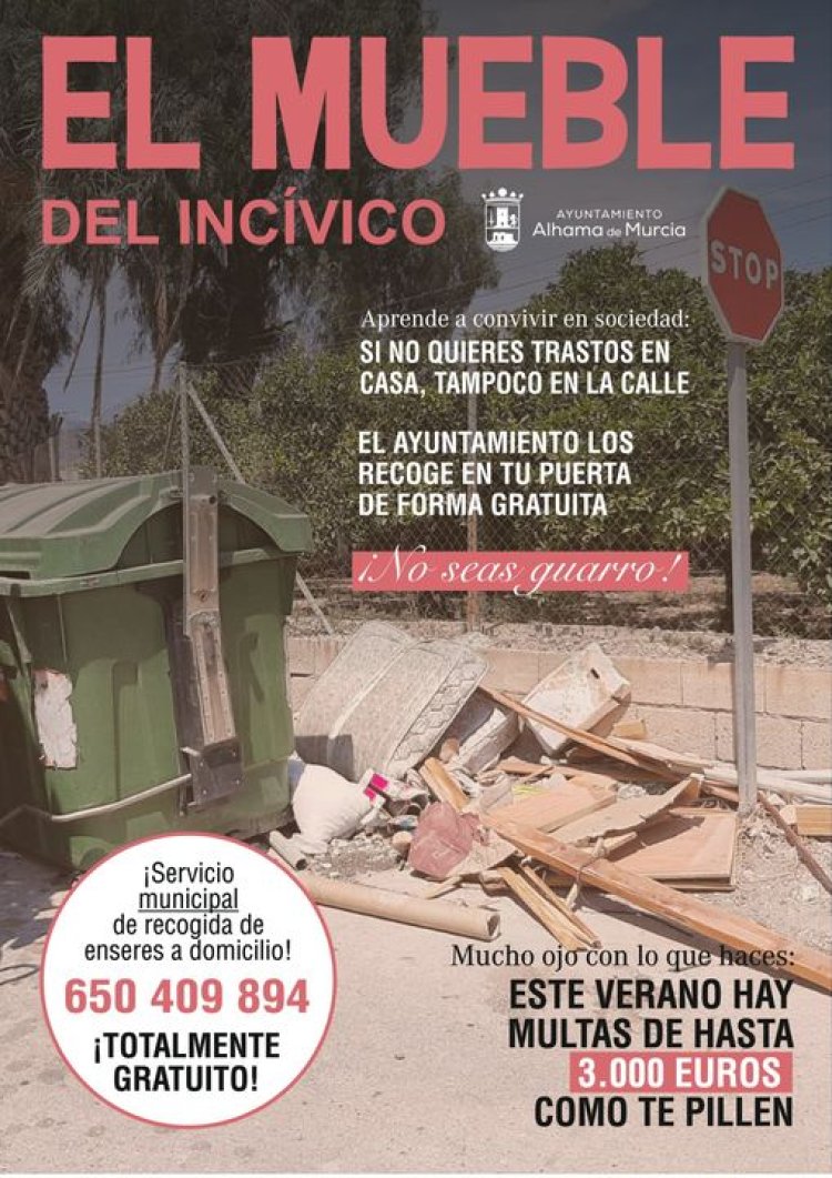 No te pierdas 'El Mueble del Incívico', la nueva publicación del Ayuntamiento de Alhama de Murcia dirigida especialmente a todas aquellas personas que se dedican a dejar sus trastos viejos y basura en la vía pública.