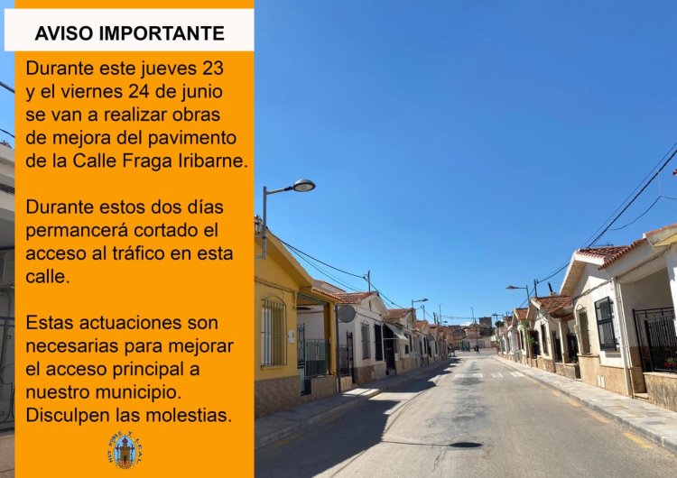 ALEDO: Con el fin de mejorar el pavimento de la calle Fraga, uno de los principales accesos al municipio, durante jueves 23 y viernes 24 de junio , se van a proceder a realizar dichas obras de mejora.