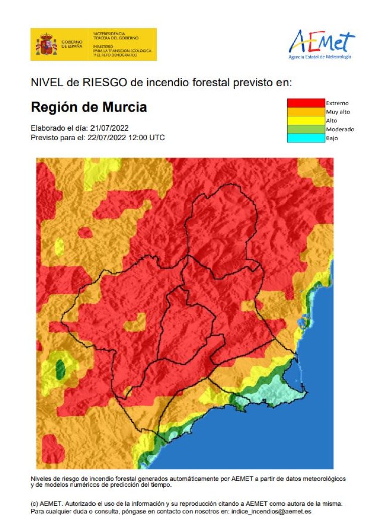 El nivel de riesgo de incendio forestal previsto para hoy viernes es EXTREMO en toda la Región, excepto en el litoral