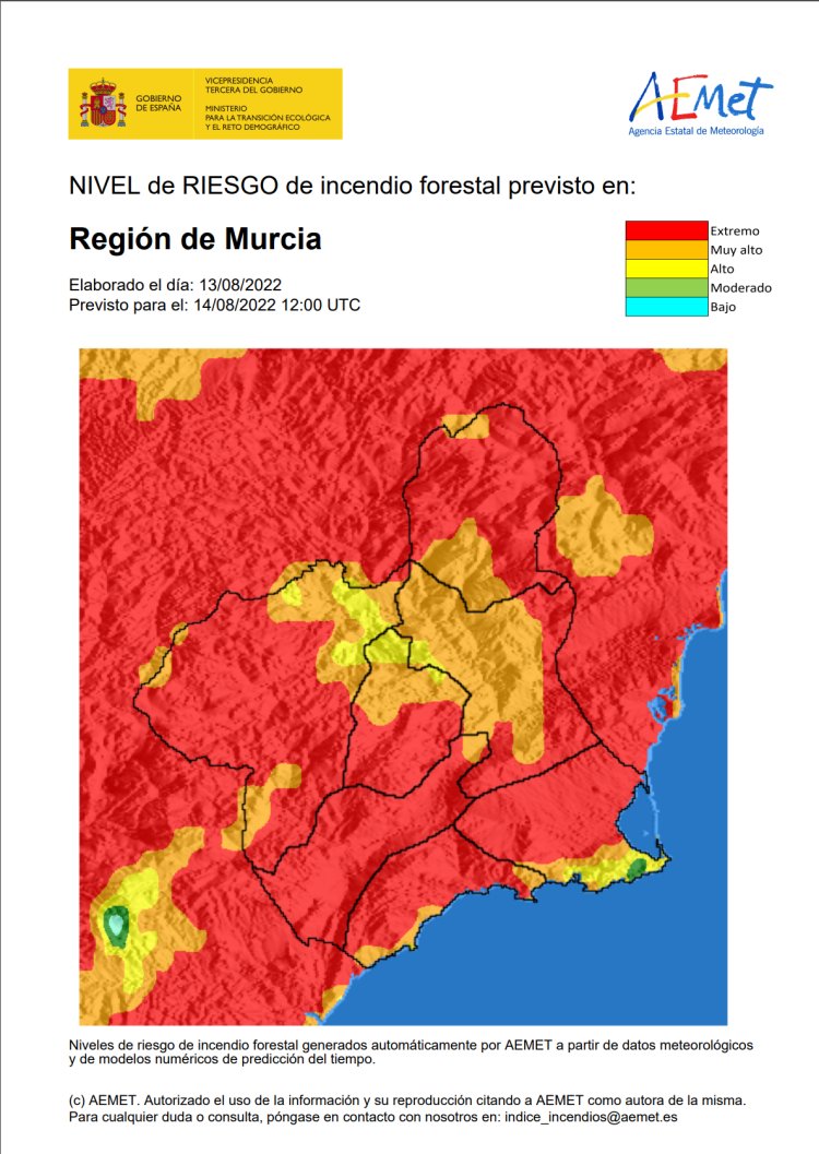 El riesgo de incendio forestal previsto para hoy día 14 de agosto es EXTREMO en la mayor parte de la Región de Murcia