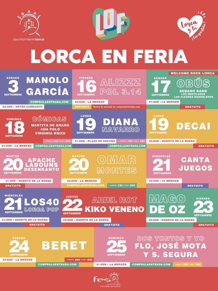 La Feria y Fiestas de Lorca 2022 incorpora la mayor oferta de conciertos y espectáculos gratuitos y recupera la Feria de Día  potenciando el tardeo con música  en directo en calles y plazas