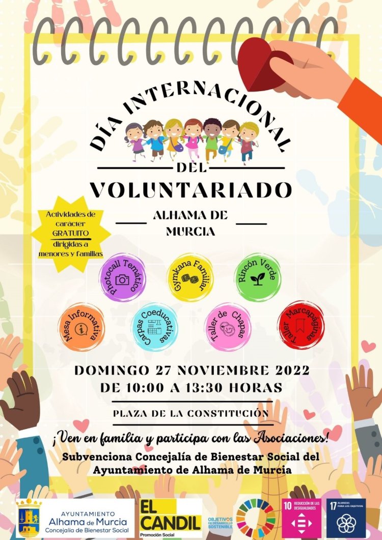 Este domingo 27 de noviembre, de 10:00 a 13:30 h., la plaza de la Constitución acoge una jornada de participación social, con motivo del Día Internacional del Voluntariado, que se conmemora el lunes 5 de diciembre.