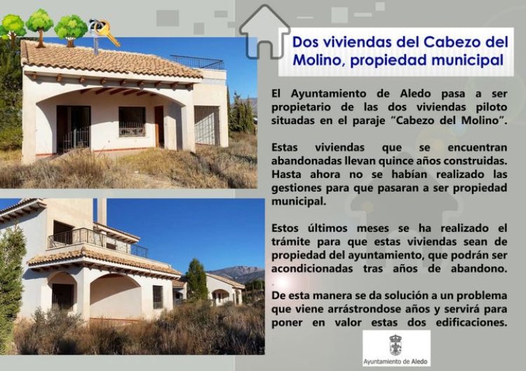 El Ayuntamiento pasa a ser propietario de las dos Casas Piloto situadas en el Cabezo del Molino.