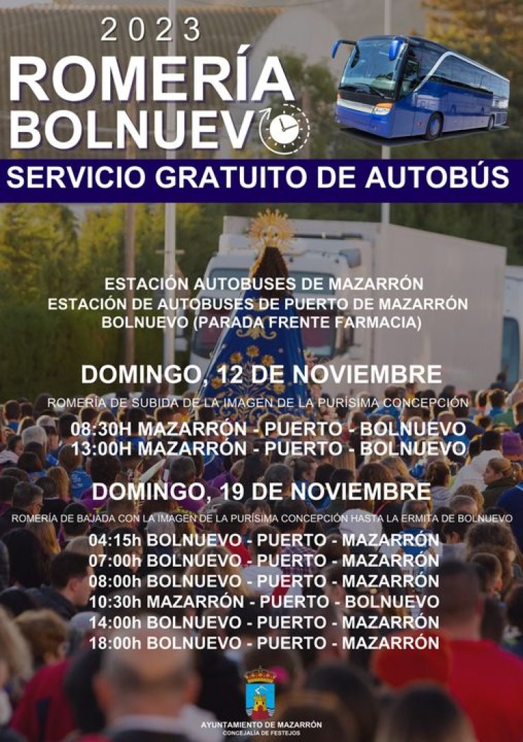 El Ayuntamiento ofrecerá un servicio de autobuses gratuitos para la Romería de Bolnuevo.